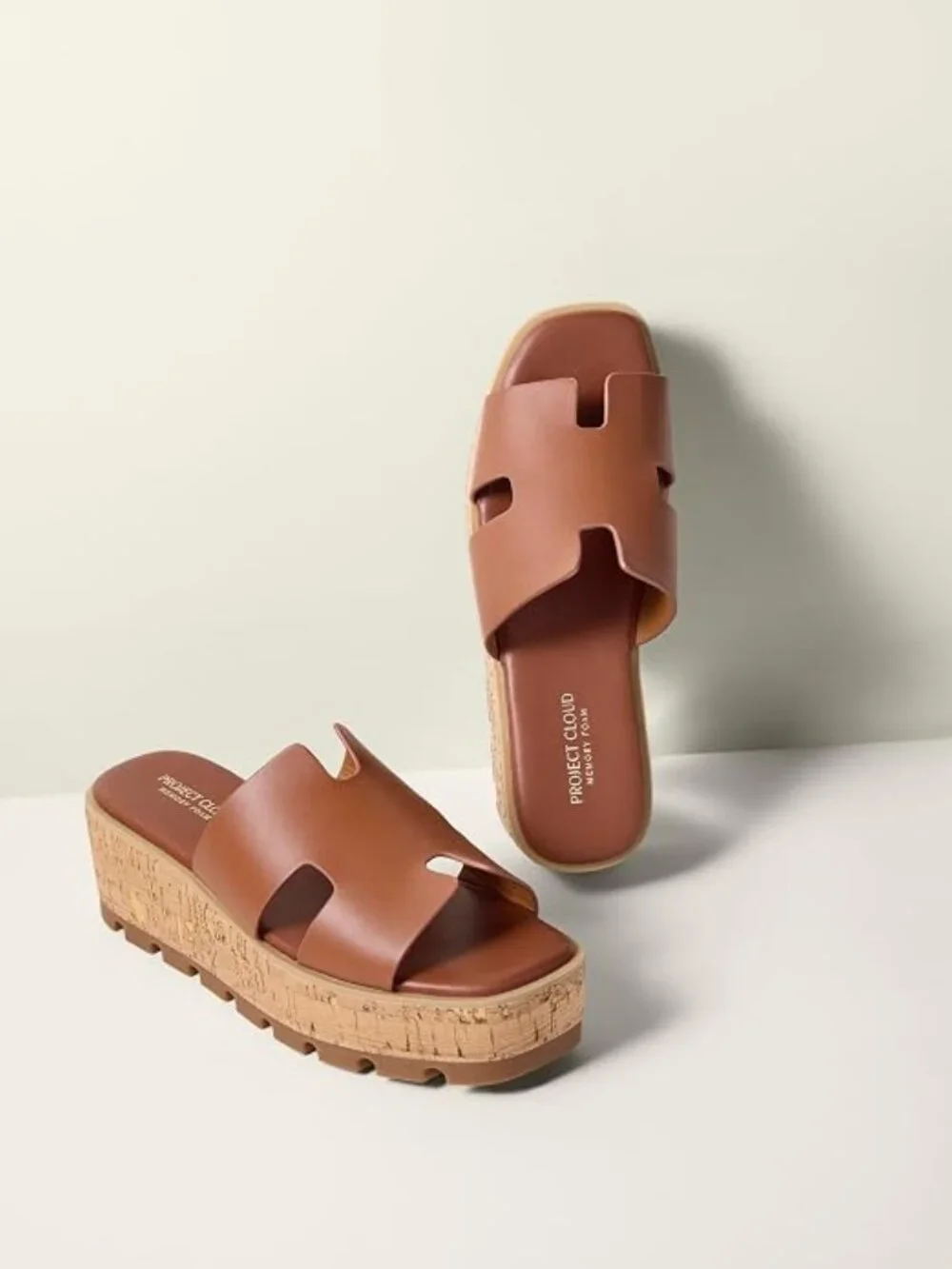 Women's Cognac Leather Suede Soft Memory Foam Insole Wedge Platform Sandals